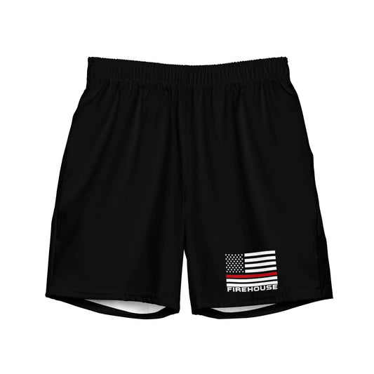 Black firefighter swim trunks featuring an American flag and "FIREHOUSE" design for summer relaxation.