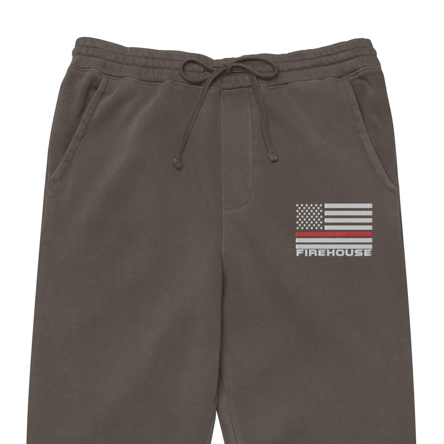 Unisex pigment-dyed sweatpants with firehouse logo and American flag design on the front, perfect firefighter gear.