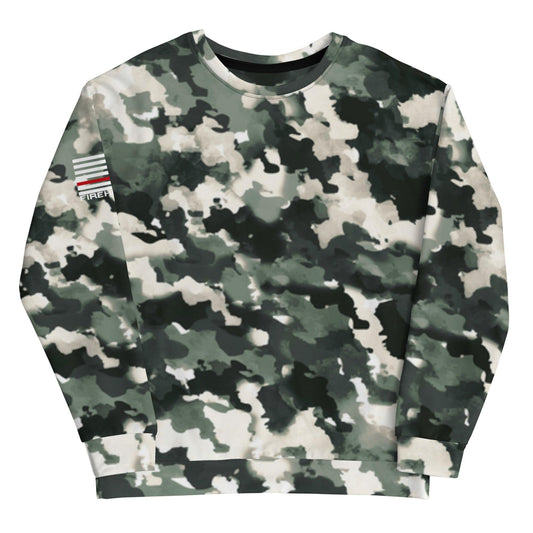 Unisex sweatshirt featuring a camouflage print, ideal firefighter apparel and gifts for firehouse enthusiasts.