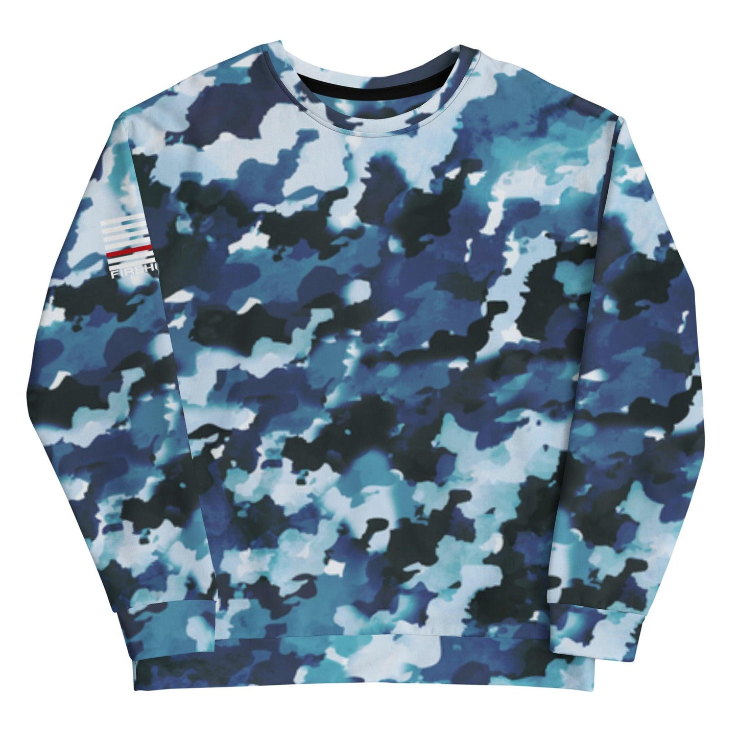 Unisex sweatshirt with blue camo print, perfect for firefighters and firehouse gifts, made from recycled polyester and spandex.