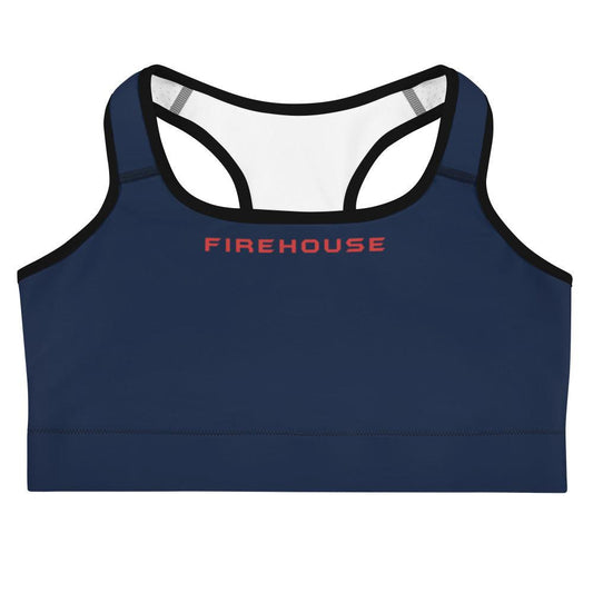 Firehouse Women's Sports Bra in navy blue with moisture-wicking fabric, ideal for firefighter gear and gifts.