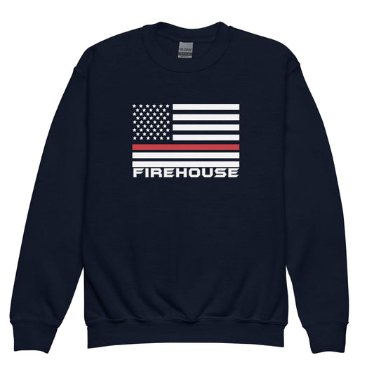 Youth crewneck sweatshirt featuring American flag design and "FIREHOUSE" text, perfect for firefighter gifts and apparel.