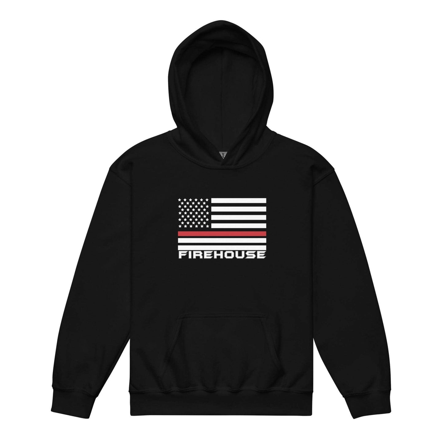 Black youth hoodie with American flag design and "FIREHOUSE" print on the front, perfect for firefighter gifts and apparel.