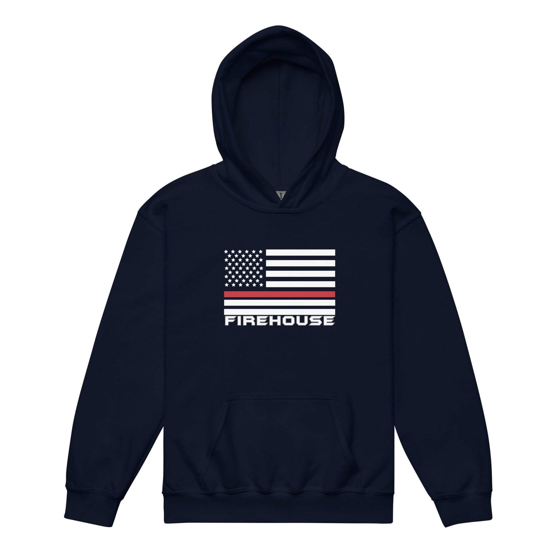 Youth heavy blend hoodie featuring a graphic design of the American flag and the word "FIREHOUSE" for firefighter fans.