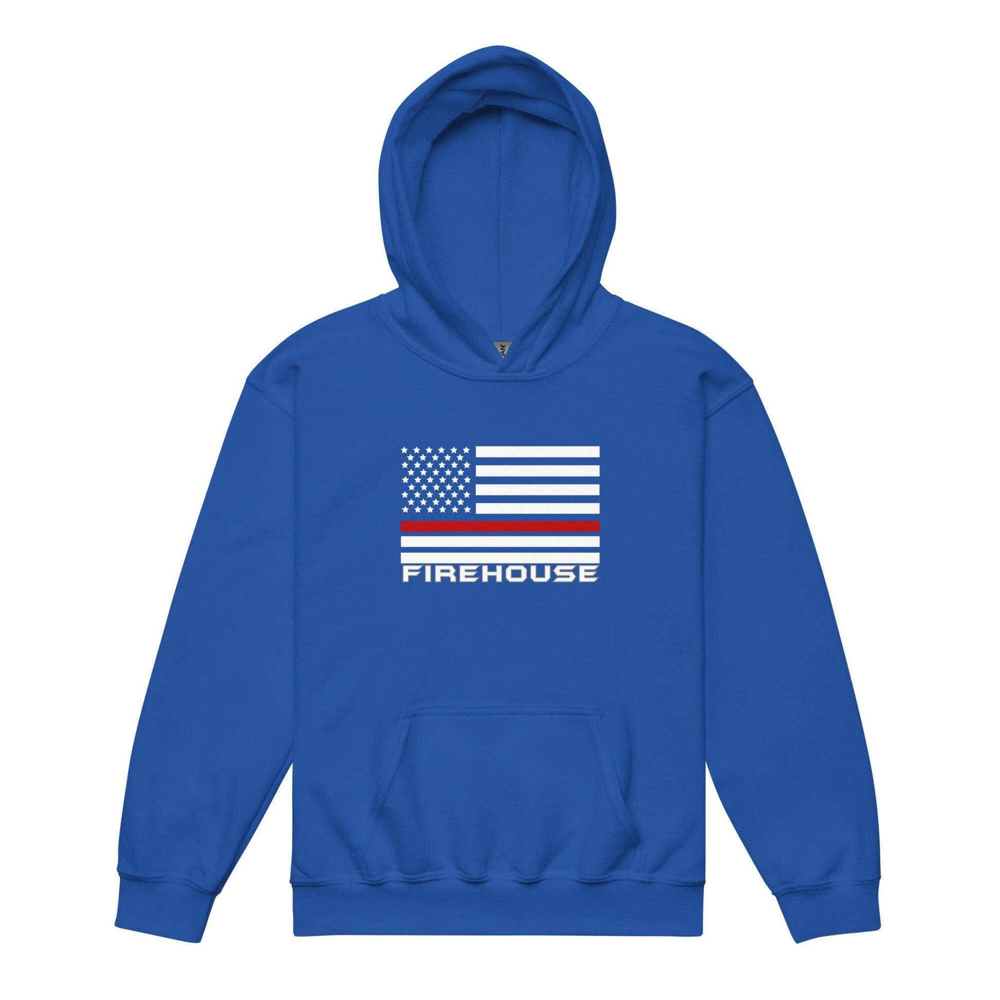 Youth heavy blend hoodie in blue featuring firehouse design and American flag for firefighter apparel.