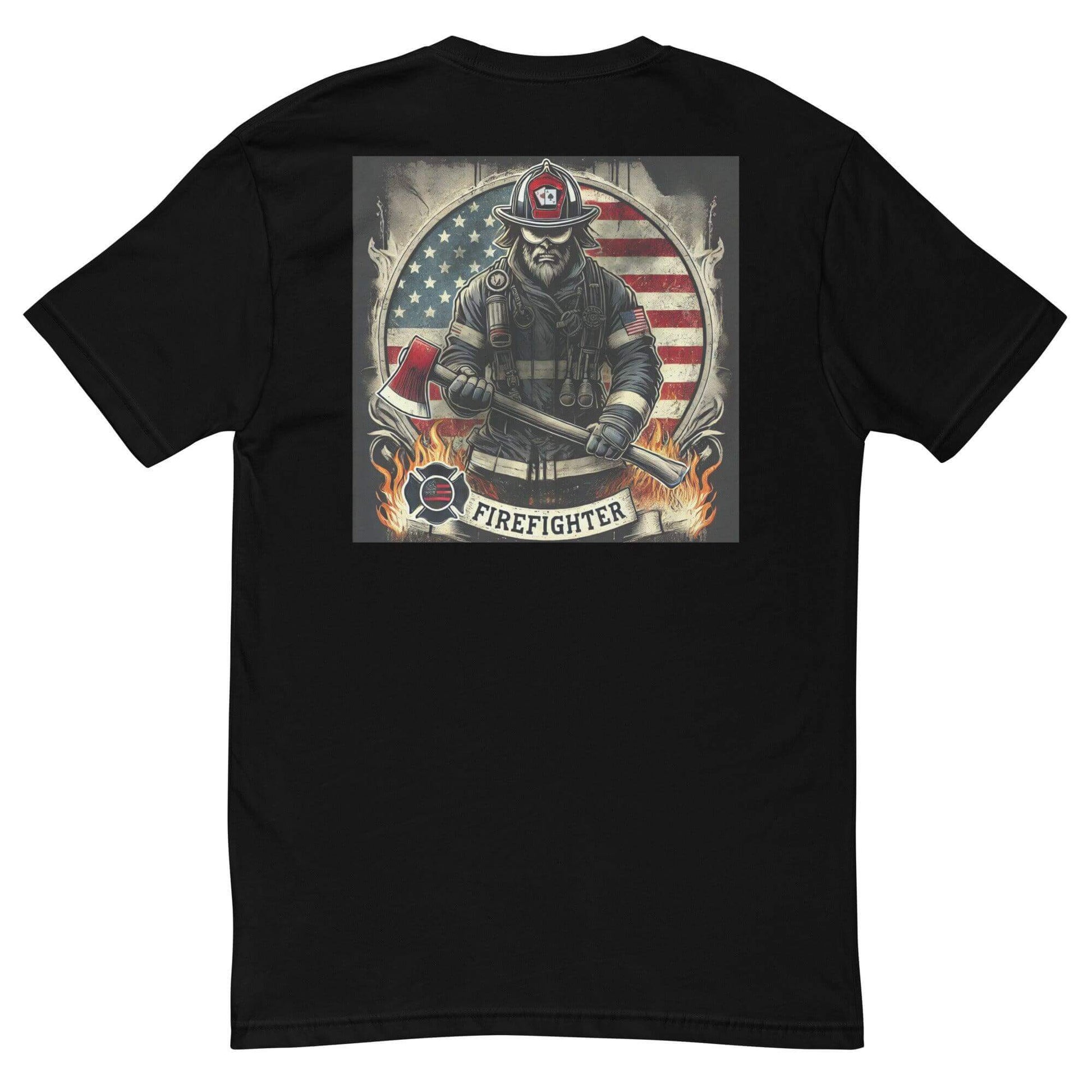 firefighter graphic t-shirt featuring a firefighter with an axe against an American flag background, perfect for firefighter gifts.