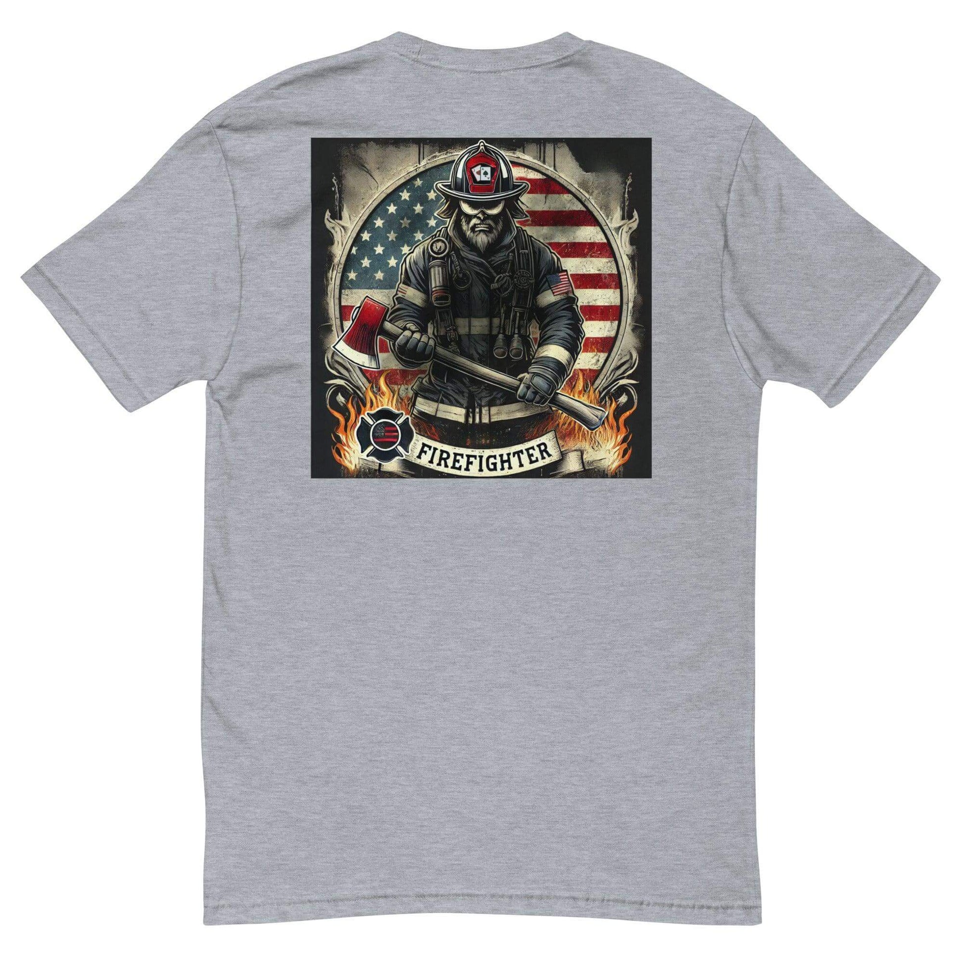 Short sleeve grey t-shirt featuring firefighter graphic with axe and American flag design, perfect for firefighter gifts.