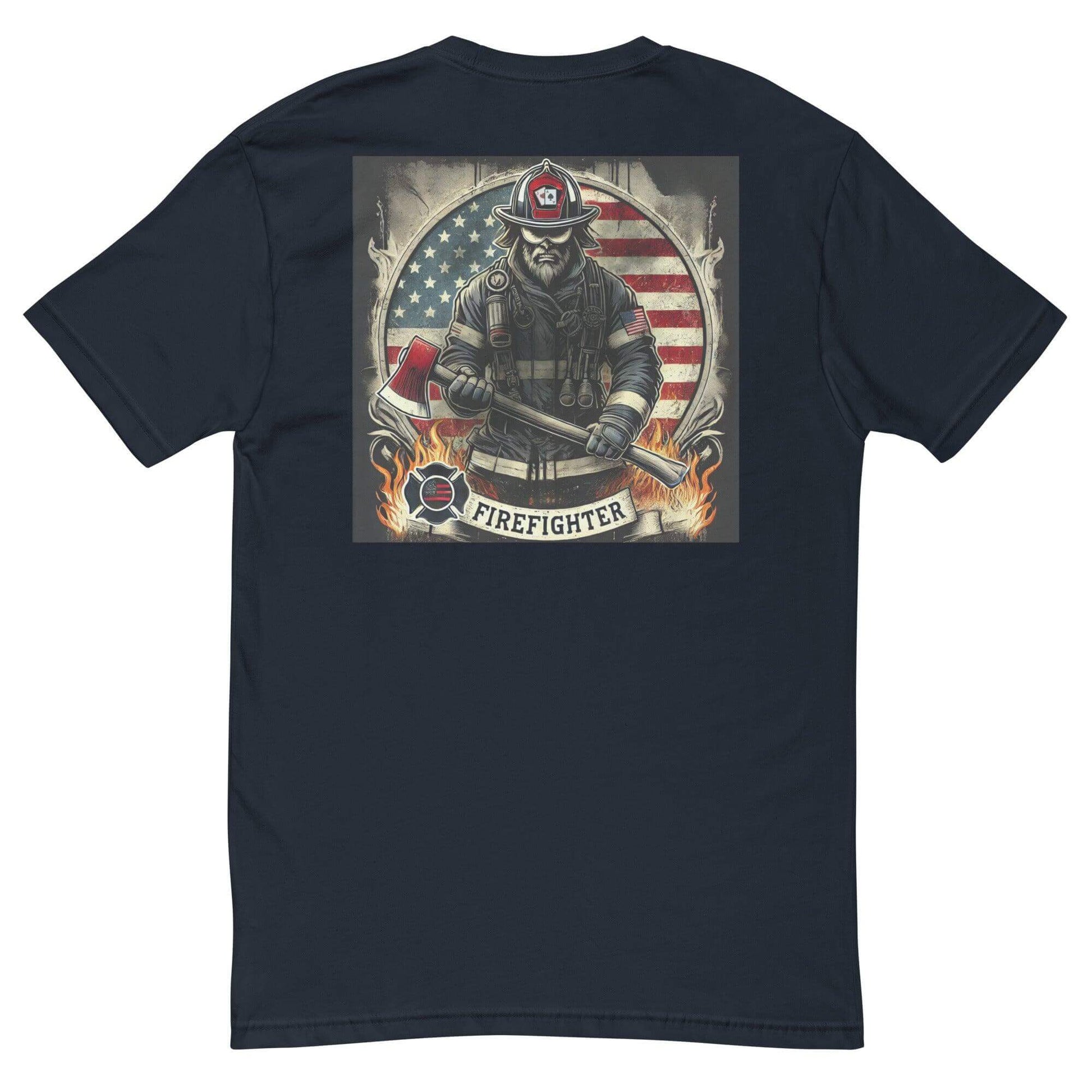 Firefighter graphic t-shirt featuring a firefighter with an axe and American flag design, perfect for firefighter apparel.