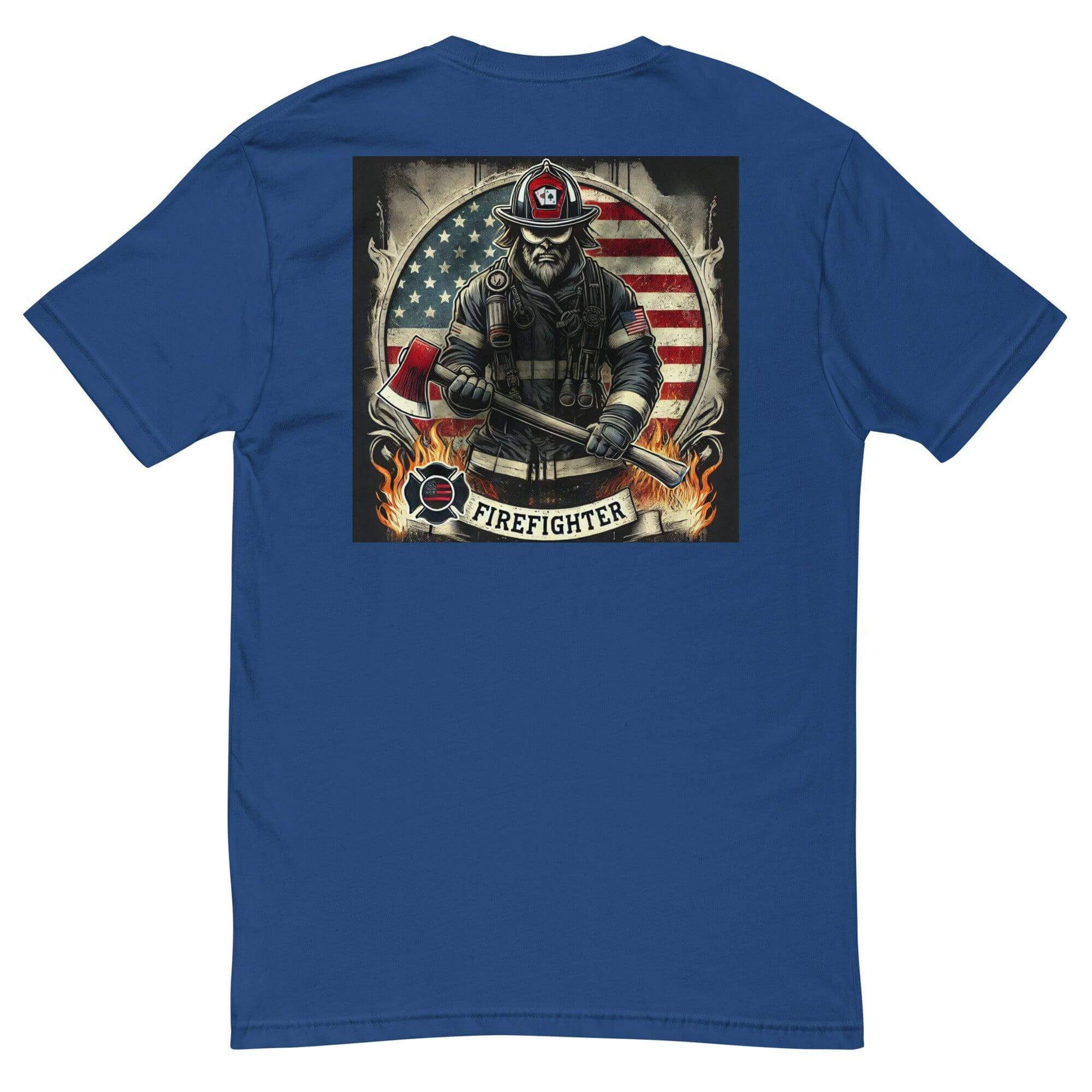 Graphic firefighter t-shirt featuring an American flag design and an axe, perfect for firefighter gifts and apparel.