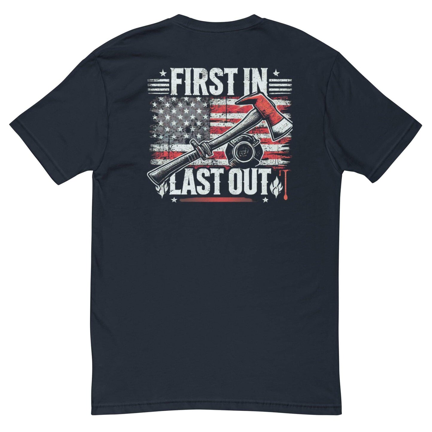 Black short sleeve t-shirt featuring "First In Last Out" design with fire axe and American flag background. Ideal for firefighter apparel.