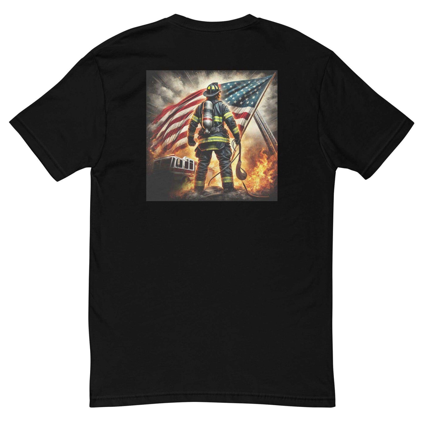 Firefighter t-shirt featuring a bold design of a firefighter with an American flag, perfect for firehouse gifts and apparel.