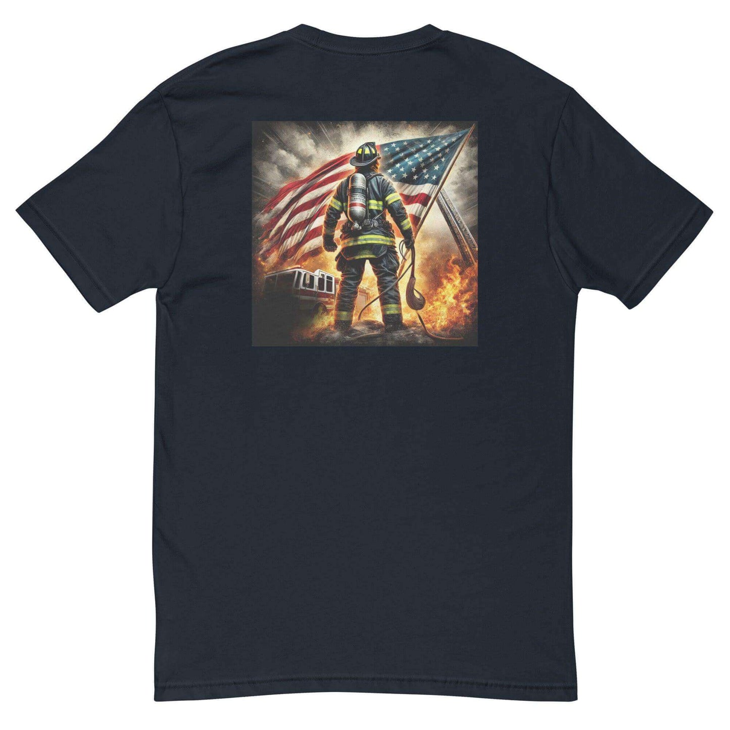 Firefighter t-shirt featuring a heroic figure with an American flag, perfect for firefighter gifts and apparel.