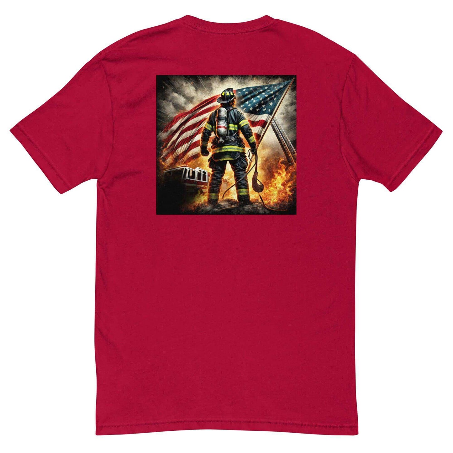 Red short sleeve firefighter t-shirt featuring a firefighter holding an American flag against a fiery backdrop.