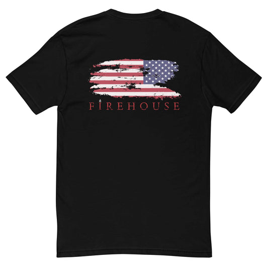 Black short sleeve t-shirt featuring a distressed American flag design with "FIREHOUSE" text, perfect for firefighter apparel.