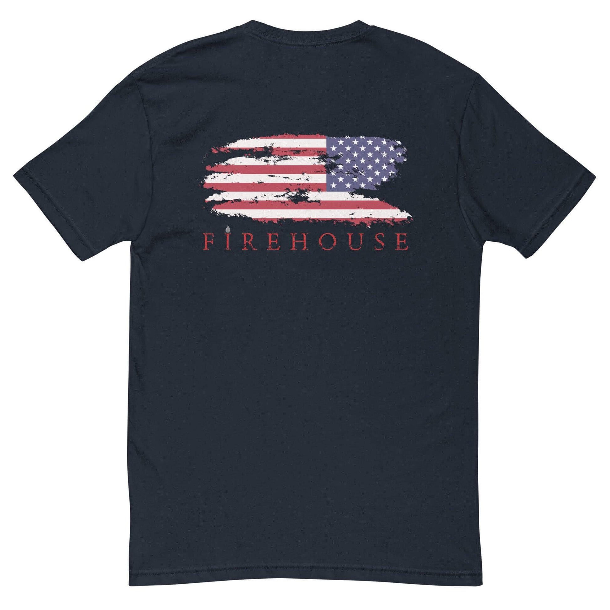 Black short sleeve t-shirt with distressed American flag and "FIREHOUSE" text on the back, perfect for firefighter apparel.