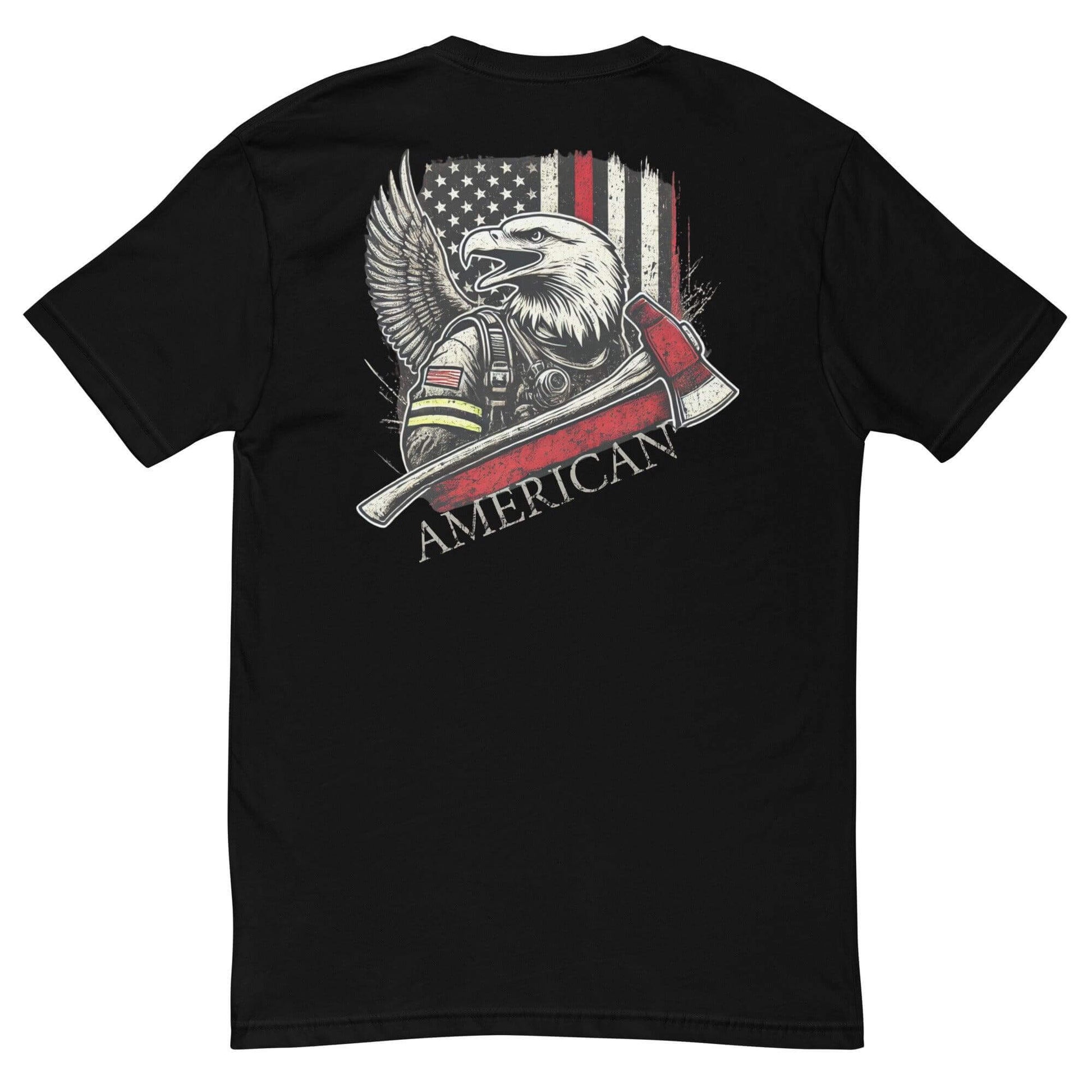 Black t-shirt featuring an eagle and firefighter gear design with American flag elements, ideal for firefighter apparel.