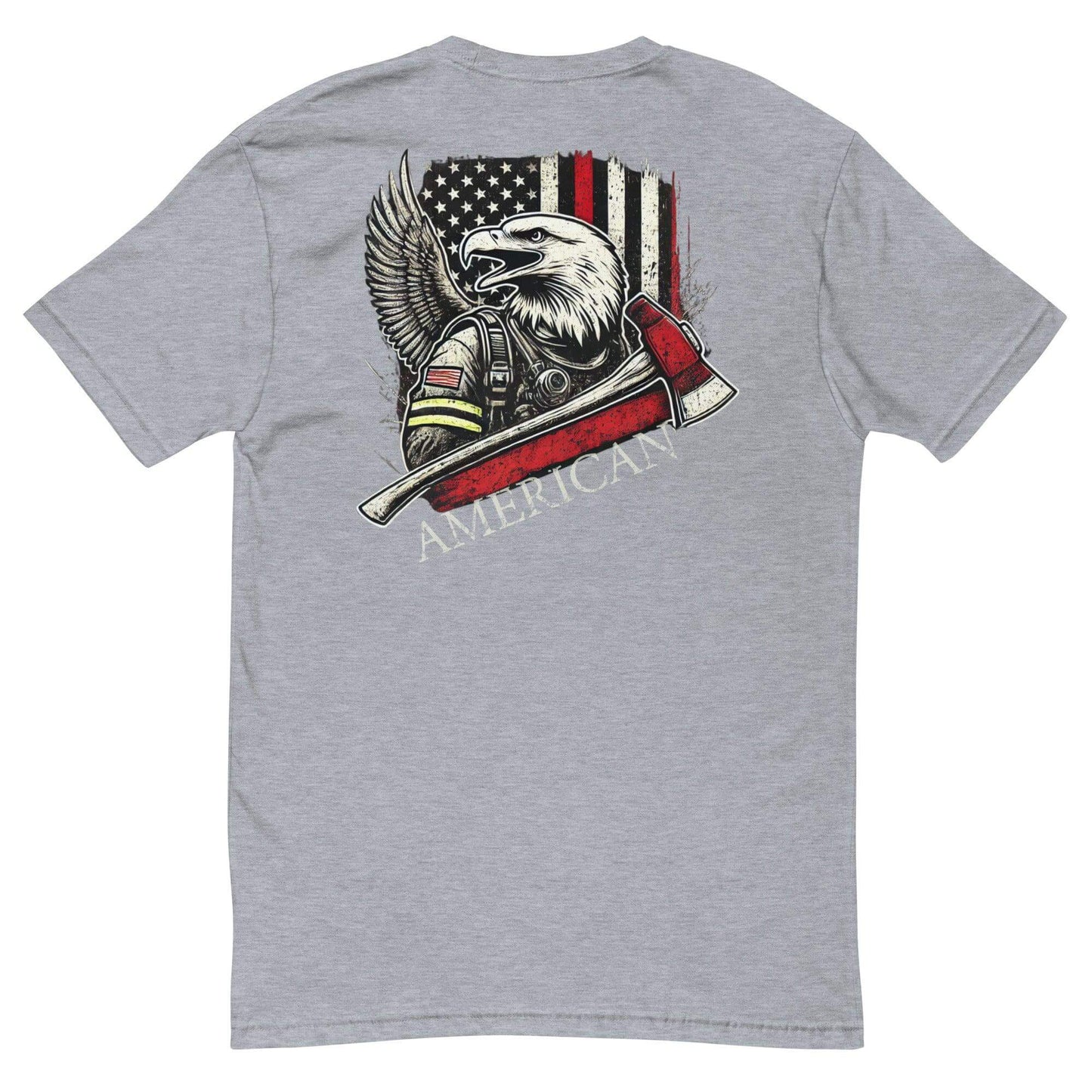 Eagle firefighter graphic t-shirt featuring American flag design, perfect for firefighter gifts and apparel.