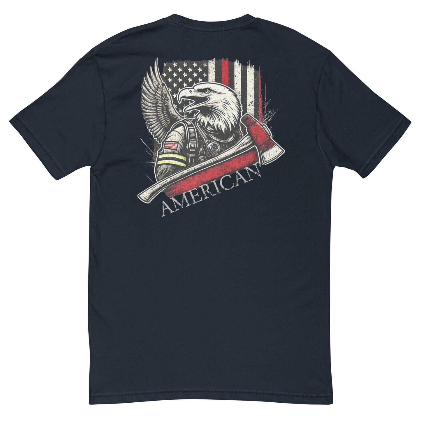 Firefighter t-shirt with eagle graphic, axe, and American flag design, perfect for firefighter gifts and apparel.