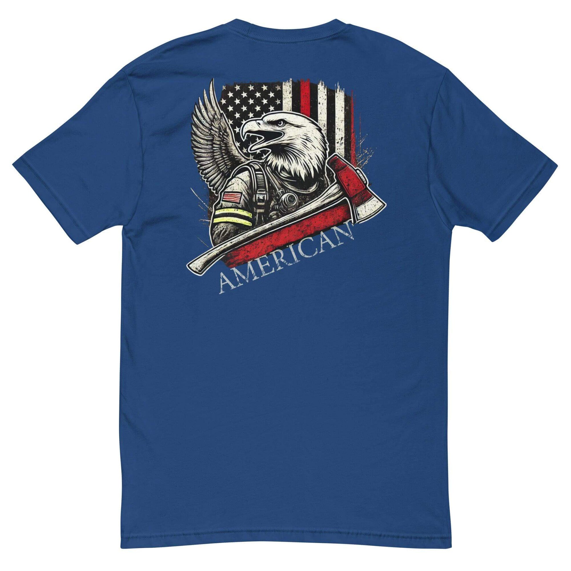 Eagle graphic on firefighter t-shirt, featuring American flag design, ideal for firefighter gifts and apparel.