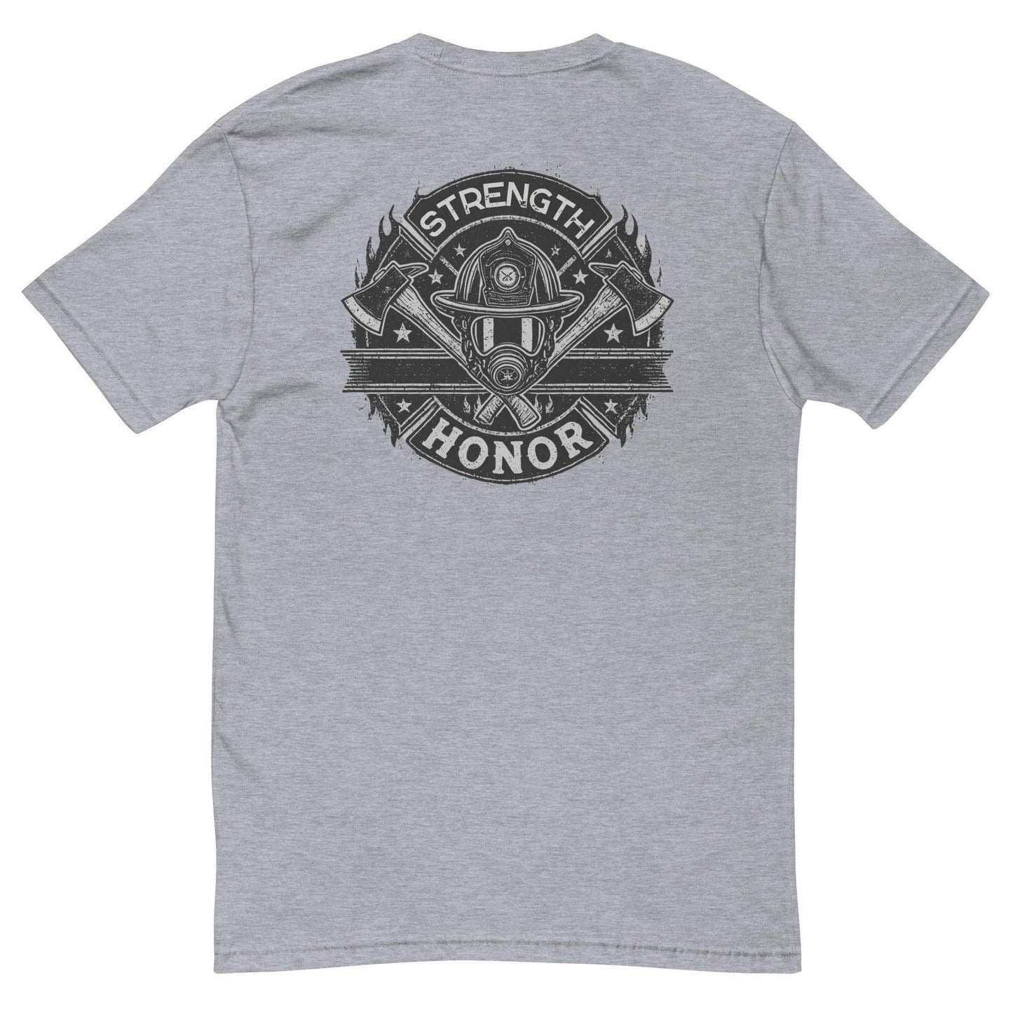 Short sleeve firefighter t-shirt in heather grey featuring "Strength and Honor" graphic design on the back.