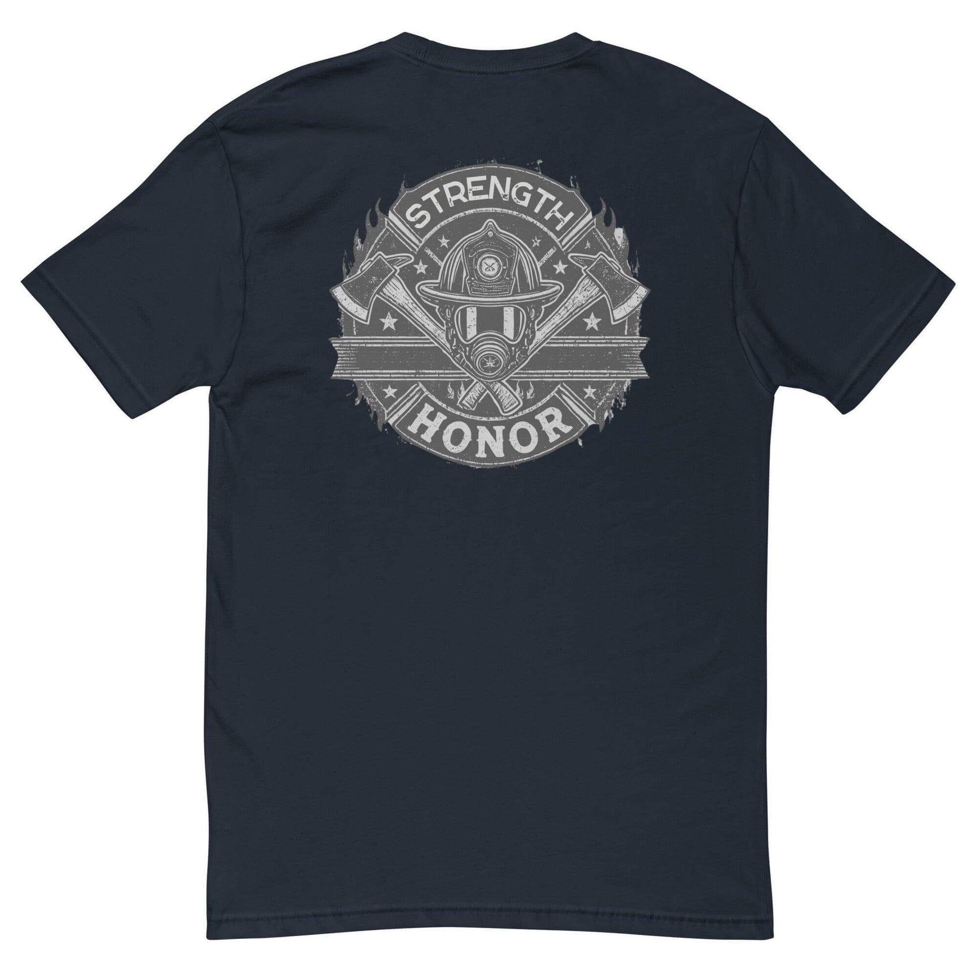 Back view of a firefighter-themed t-shirt featuring 'Strength and Honor' graphic design for firefighter apparel.