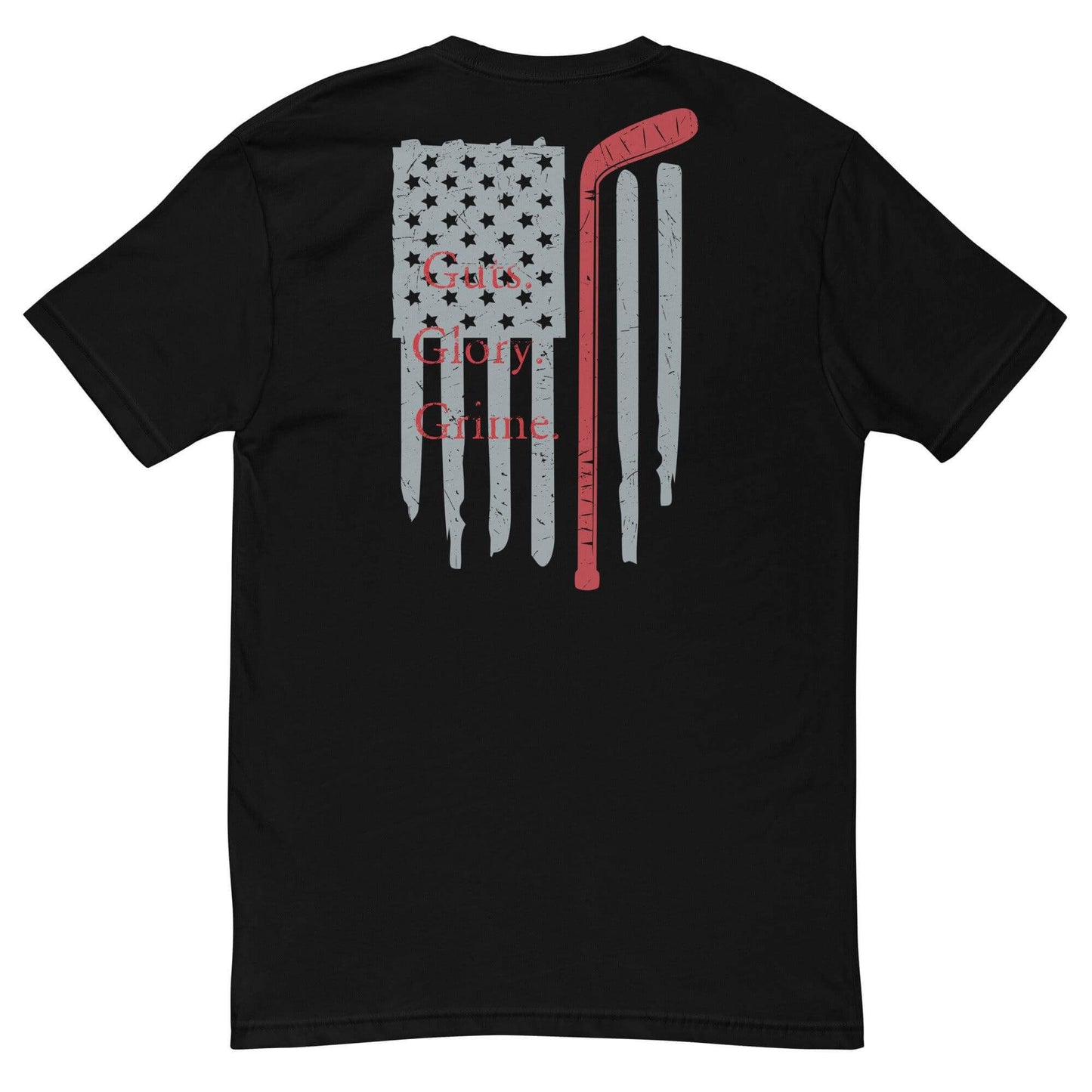 Black short sleeve t-shirt featuring a distressed American flag and firefighter graphic with "Get Glory Crime" slogan.