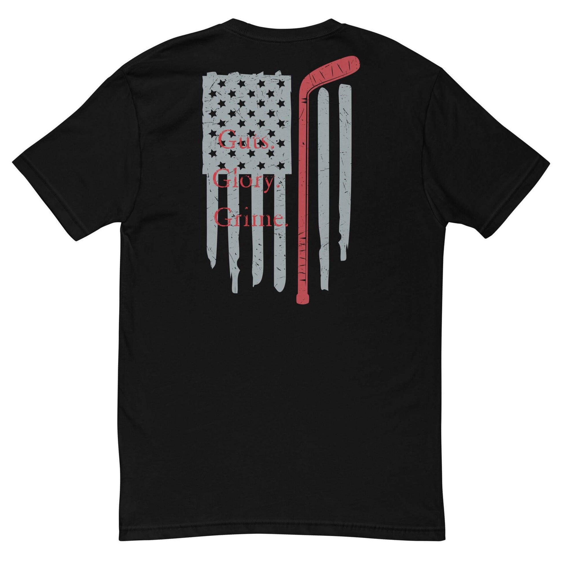 Black short sleeve t-shirt featuring a distressed American flag and firefighter graphic with "Get Glory Crime" slogan.