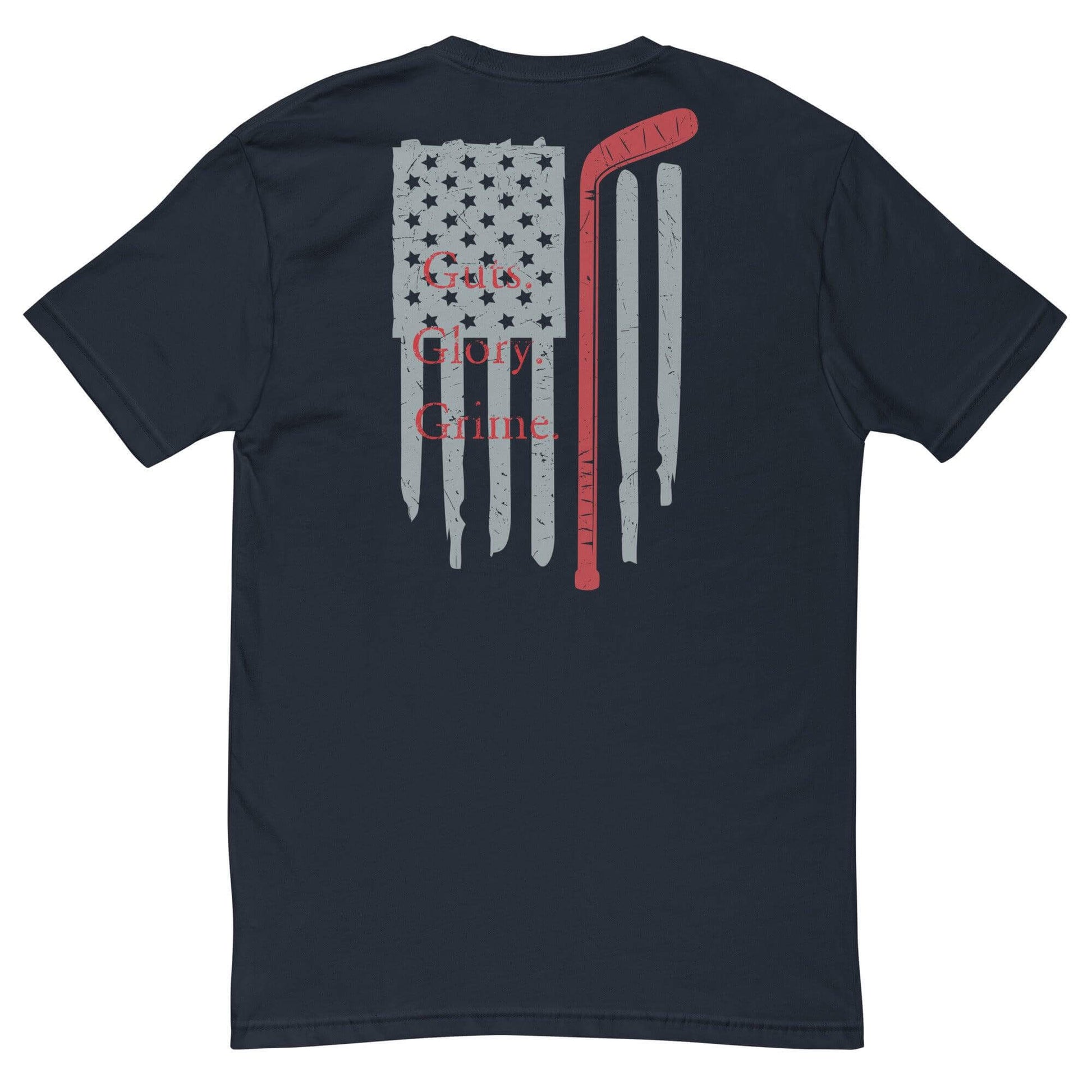 Short sleeve t-shirt featuring a distressed American flag design with "Guts Glory Crime" text, perfect for firefighter gifts.