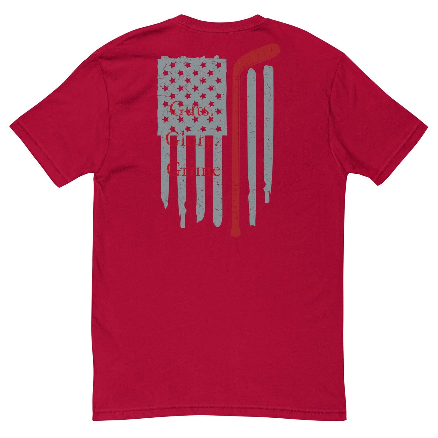 Red short sleeve t-shirt featuring firefighter-themed graphic with stars and tools on the back, ideal for firefighter apparel.