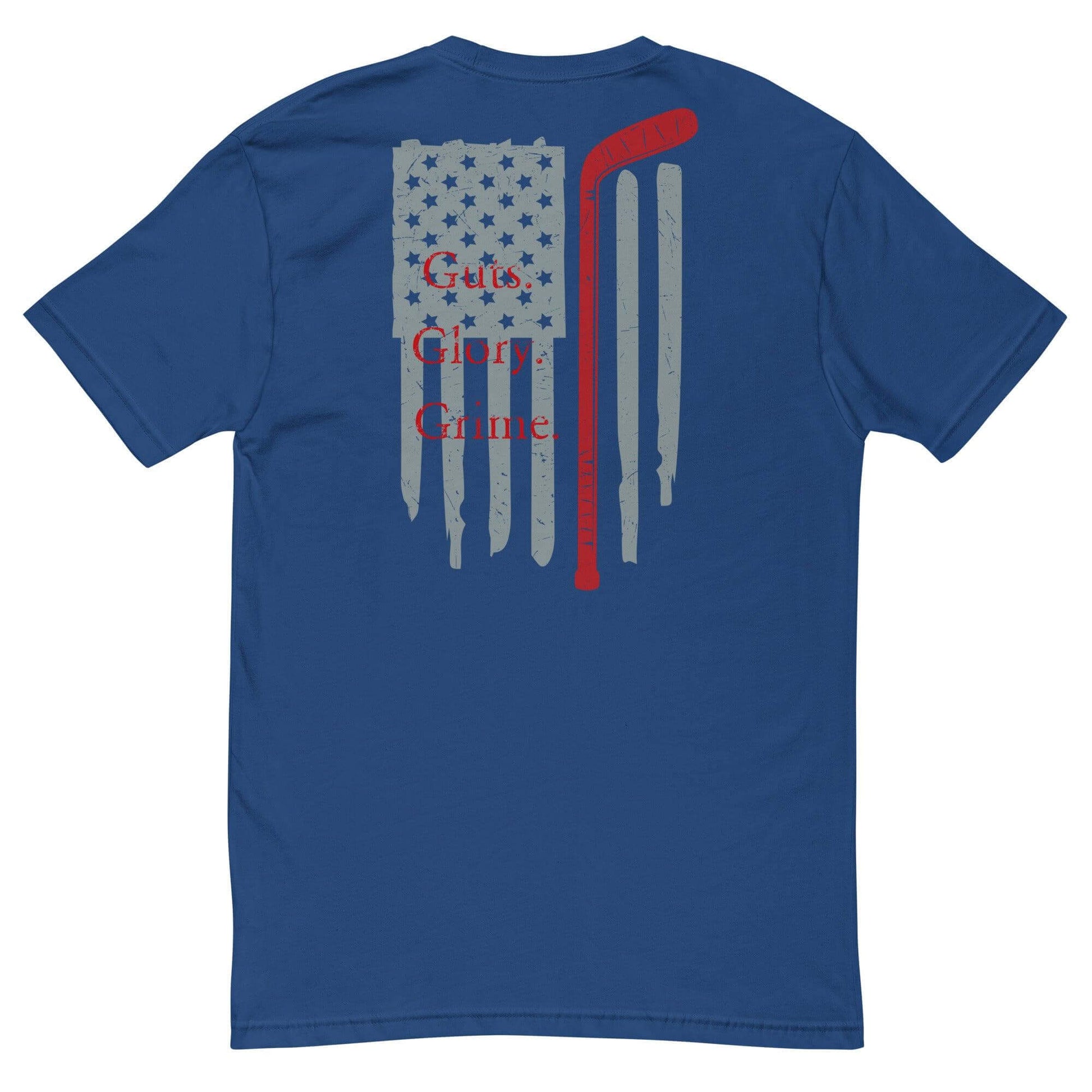 Blue short sleeve t-shirt with graphic of American flag and text “Guts, Glory, Crime” on the back, perfect for patriotic apparel.