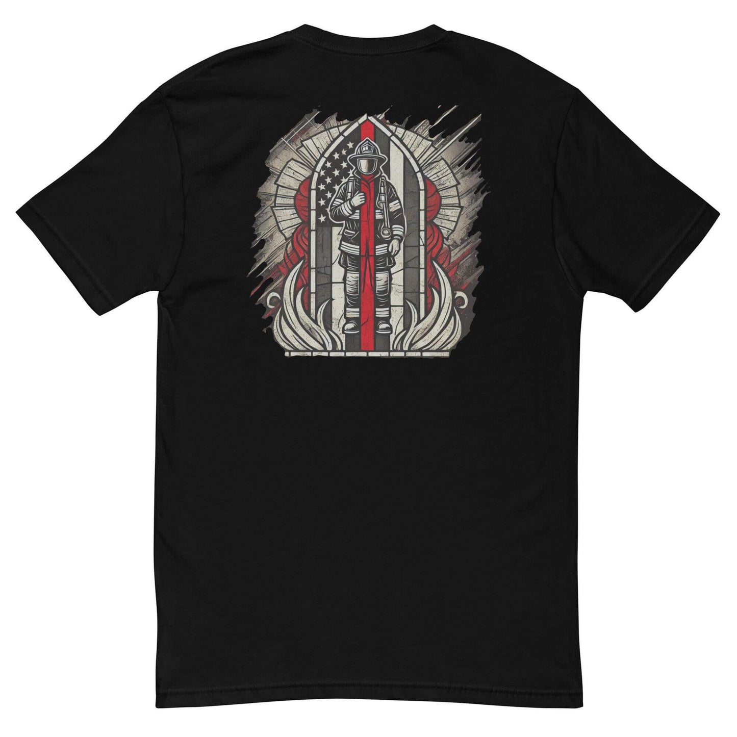 Black short sleeve t-shirt featuring a firefighter graphic, perfect for firefighter gifts and apparel.