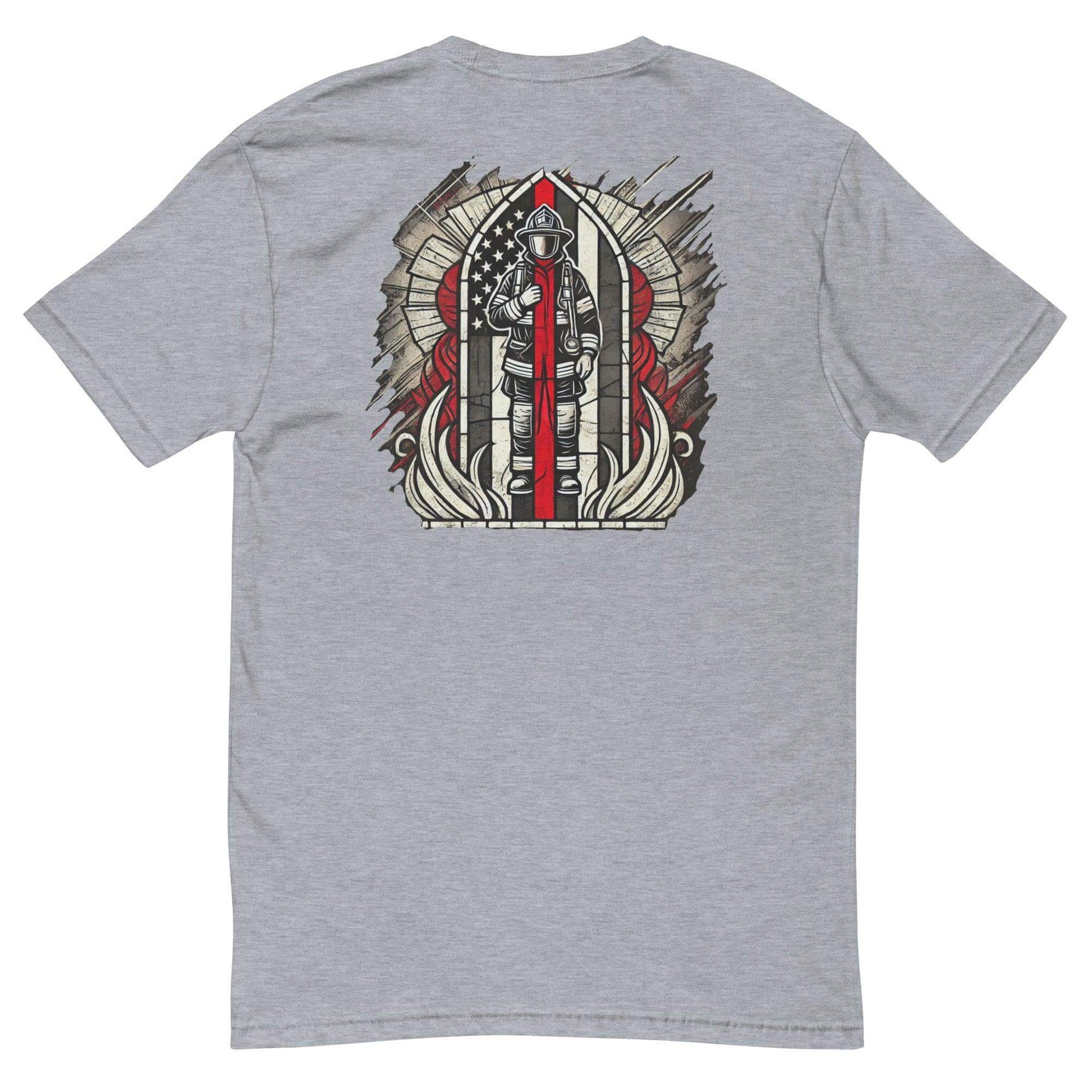 Short sleeve firefighter t-shirt in Heather Grey featuring a bold graphic design on the back celebrating firefighter gear.