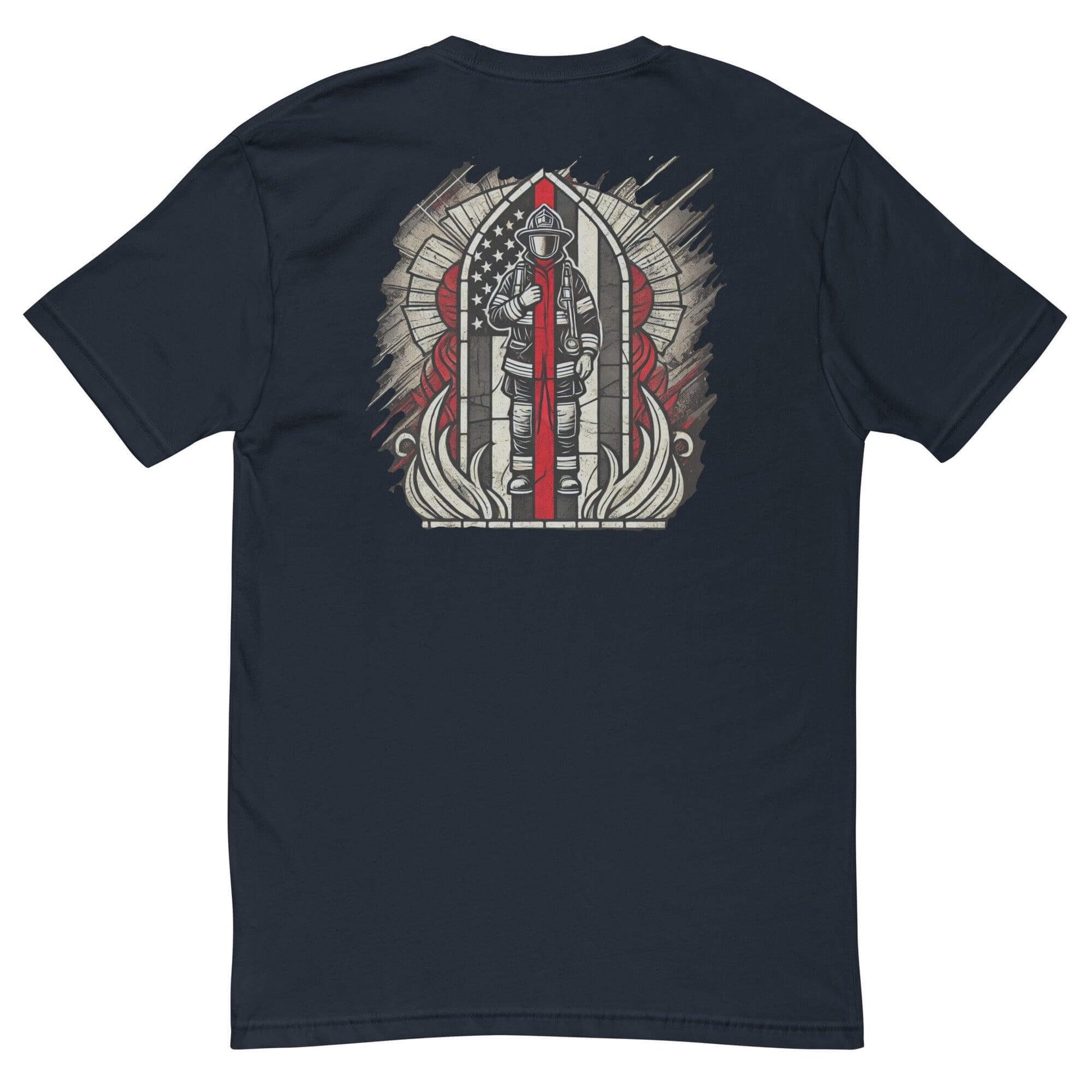 Short sleeve t-shirt featuring a firefighter graphic, perfect for firefighter gifts and apparel, ideal for firehouse wear.