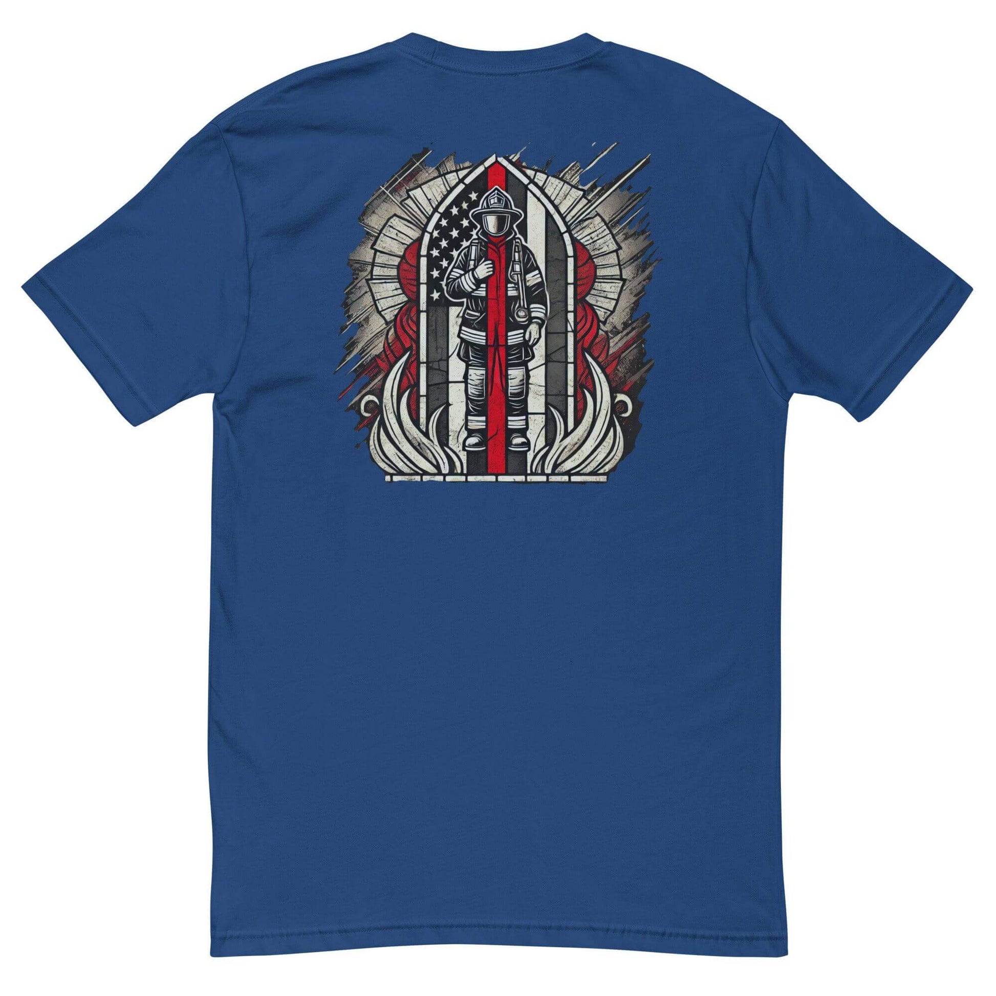 firefighter graphic design on blue short sleeve t-shirt, ideal for firefighter gifts and apparel.