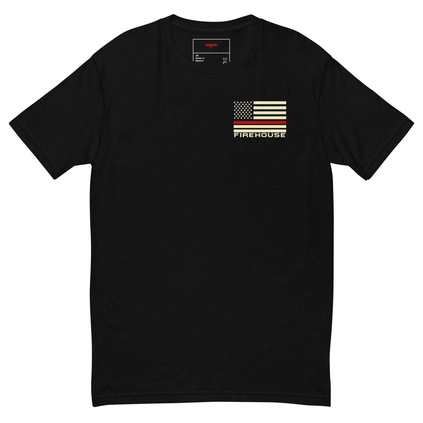 Black short sleeve t-shirt featuring a patriotic American flag and "FIREHOUSE" print, perfect for firefighter apparel.