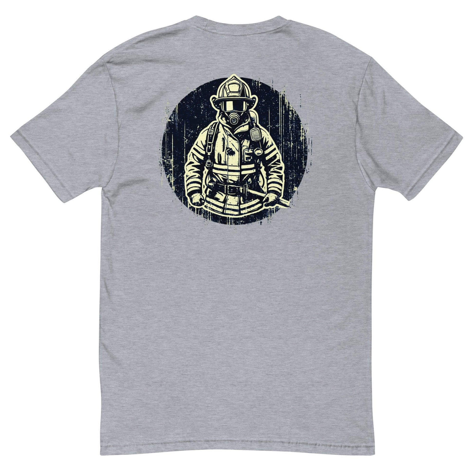 Short sleeve heather grey t-shirt with firefighter graphic on back, perfect for firefighter gifts and apparel.