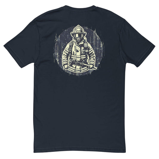 Short sleeve t-shirt featuring a firefighter graphic print on the back, ideal for firefighter gifts and apparel.