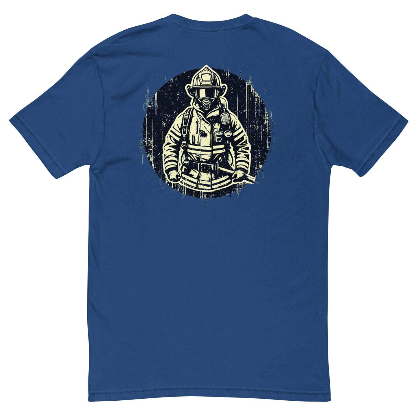 Short sleeve blue t-shirt with firefighter graphic design on back, ideal for firefighter gifts and apparel.