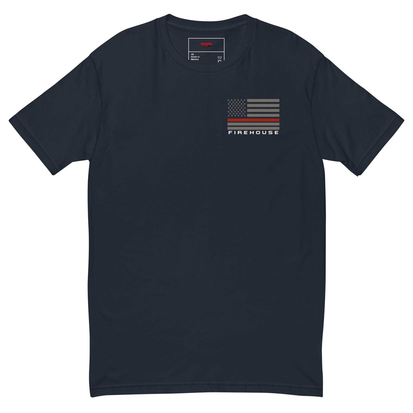 Short sleeve navy t-shirt featuring Firehouse graphic and American flag design, perfect for firefighter apparel and gifts.