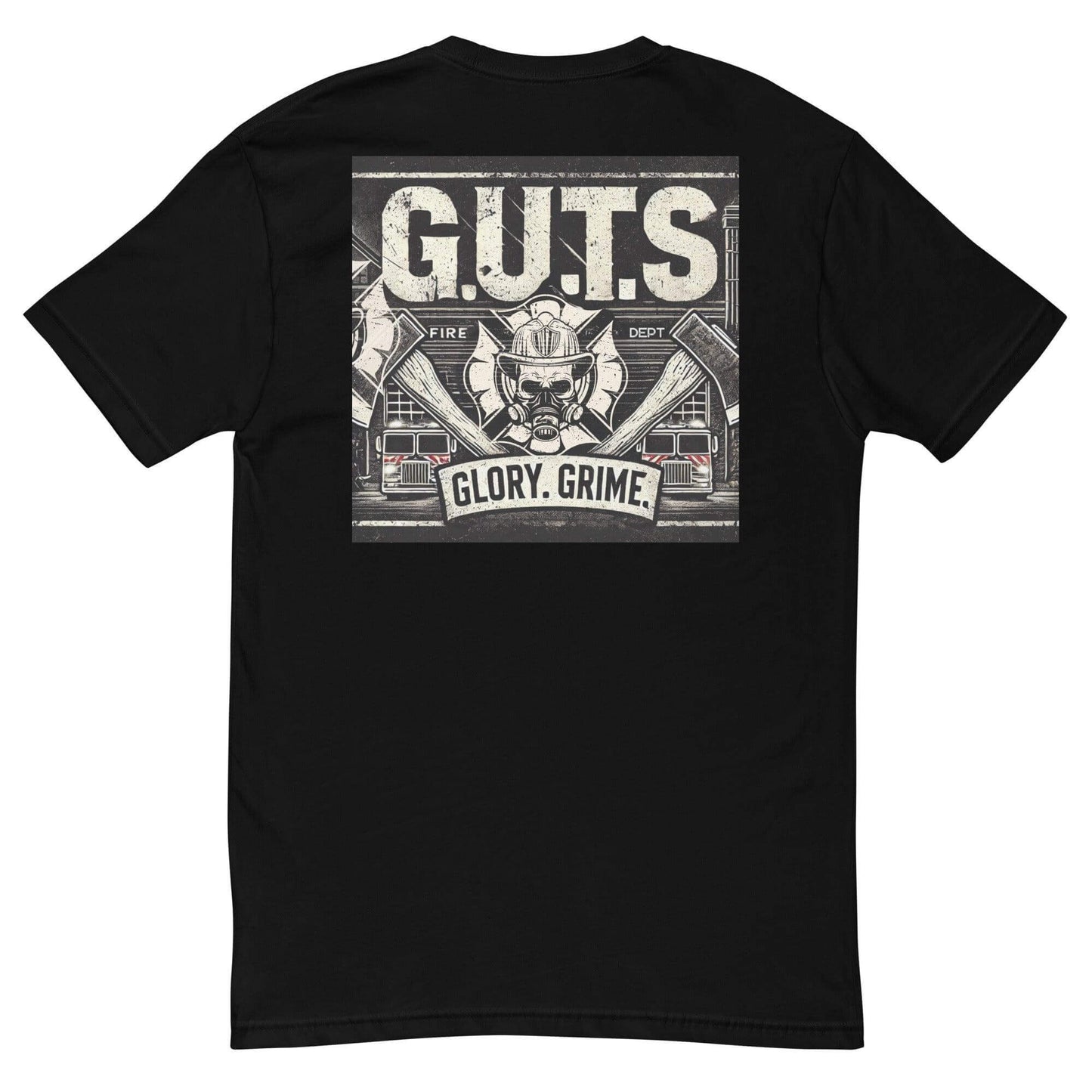 Black t-shirt featuring "G.U.T.S. Glory. Grime." graphic, ideal for firefighter apparel and gifts.