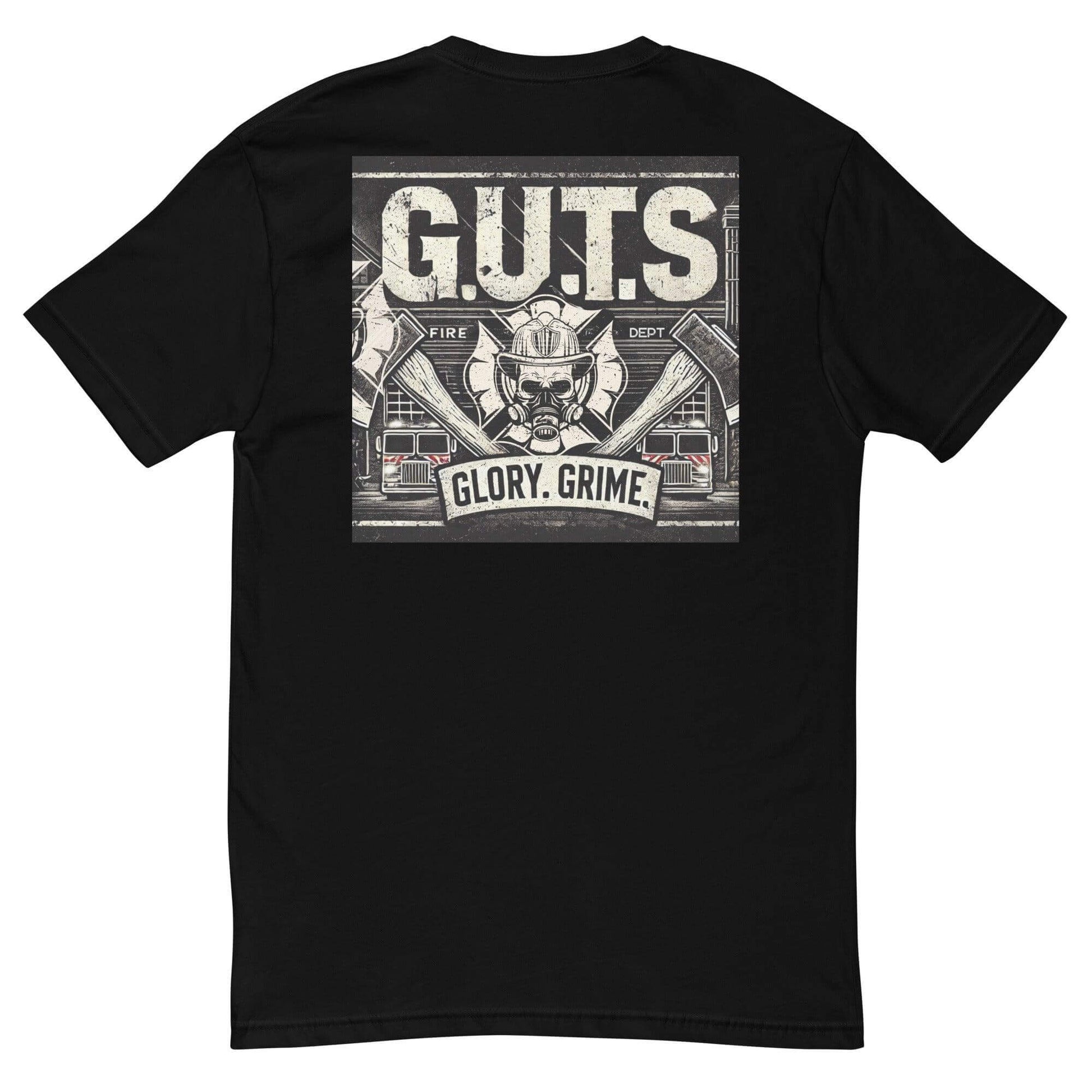 Black t-shirt featuring "G.U.T.S. Glory. Grime." graphic, ideal for firefighter apparel and gifts.