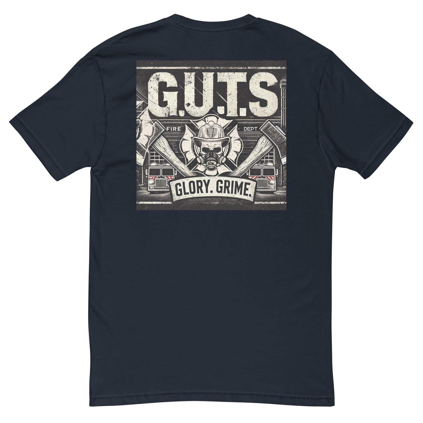 Black short sleeve t-shirt featuring "G.U.T.S. Glory. Grime." graphic, ideal for firefighter apparel and gifts.