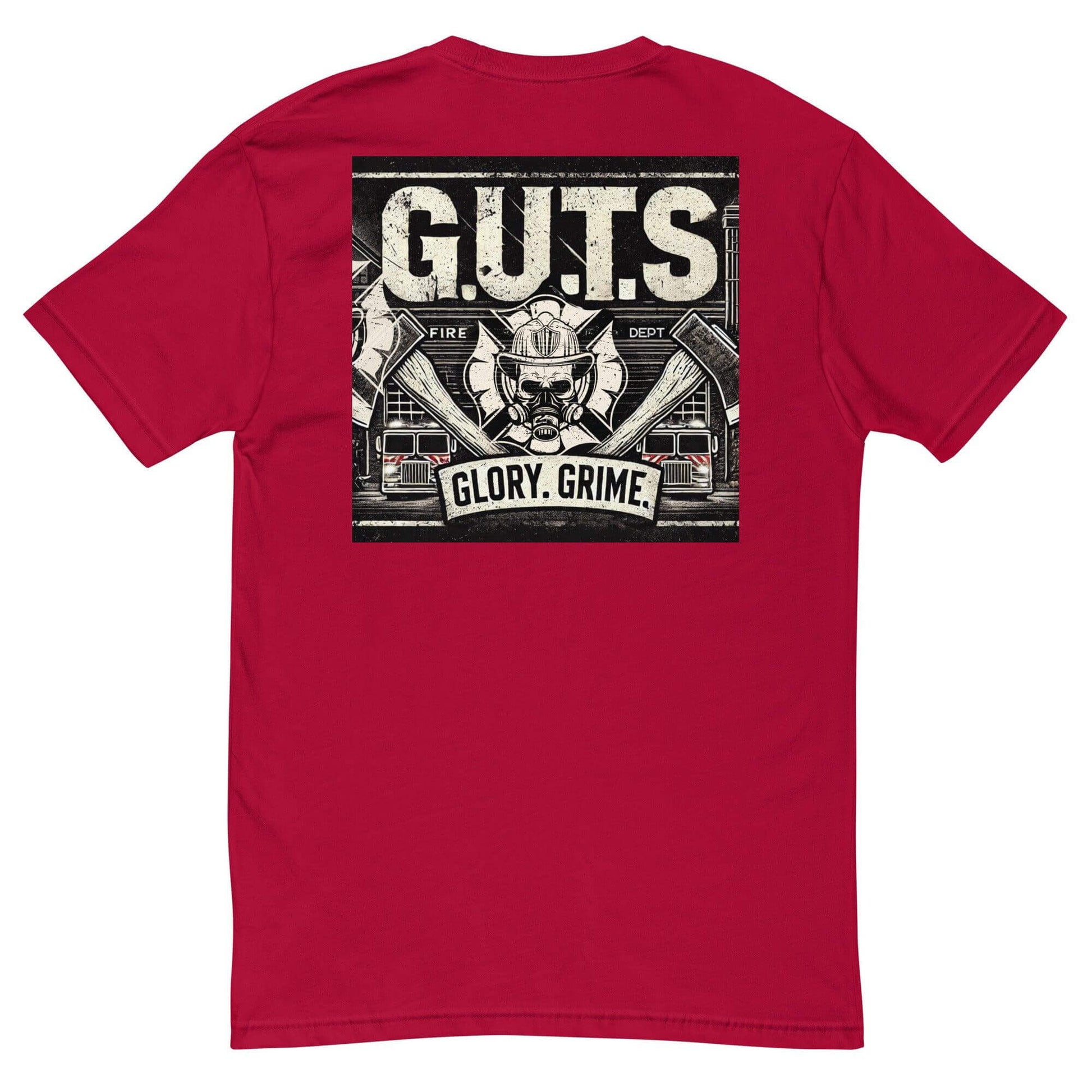 Red short sleeve t-shirt featuring G.U.T.S. design with firefighter graphics, perfect for firehouse gifts and apparel.