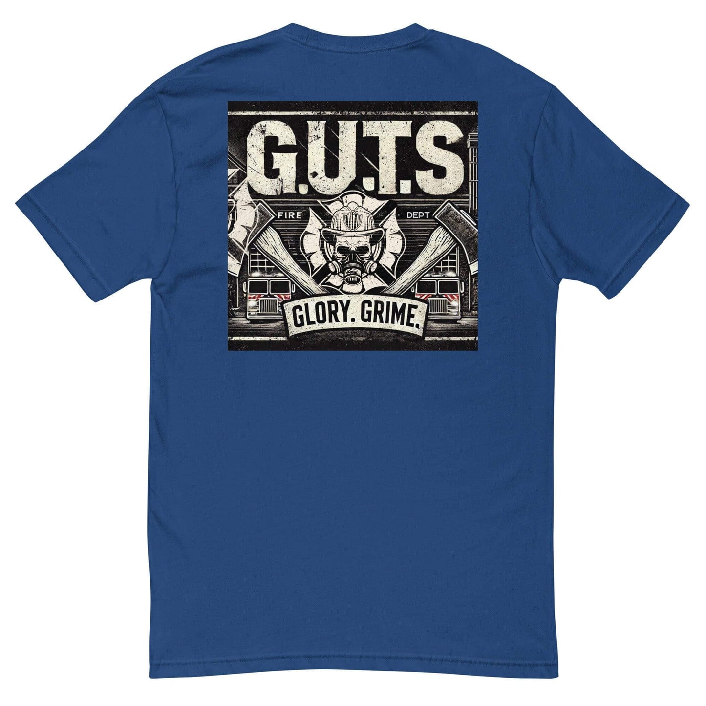 Short sleeve firefighter t-shirt featuring "G.U.T.S. Glory. Grime." design in bold graphic print.