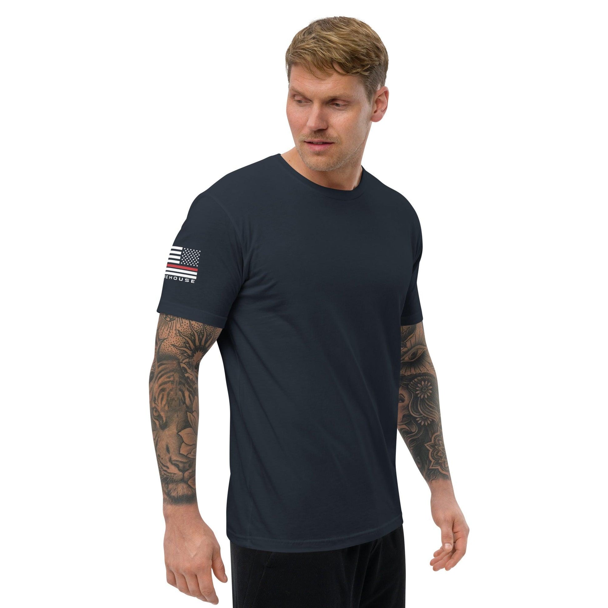 Man wearing a black short sleeve t-shirt with American flag design, ideal for firefighter gifts and apparel.