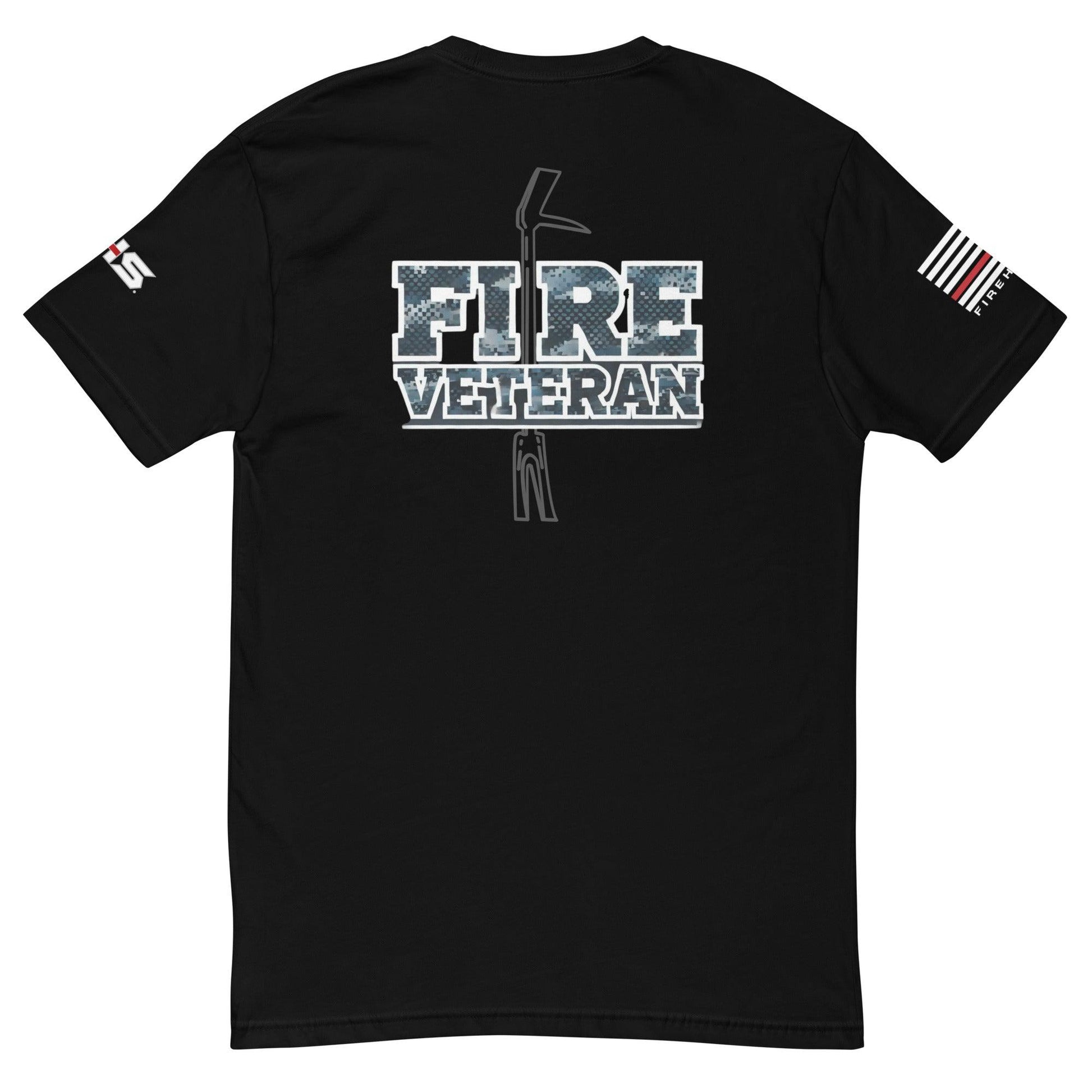 Black t-shirt featuring "FIRE VETERAN" graphic and fire axe design on the back, ideal for firefighter apparel and gifts.