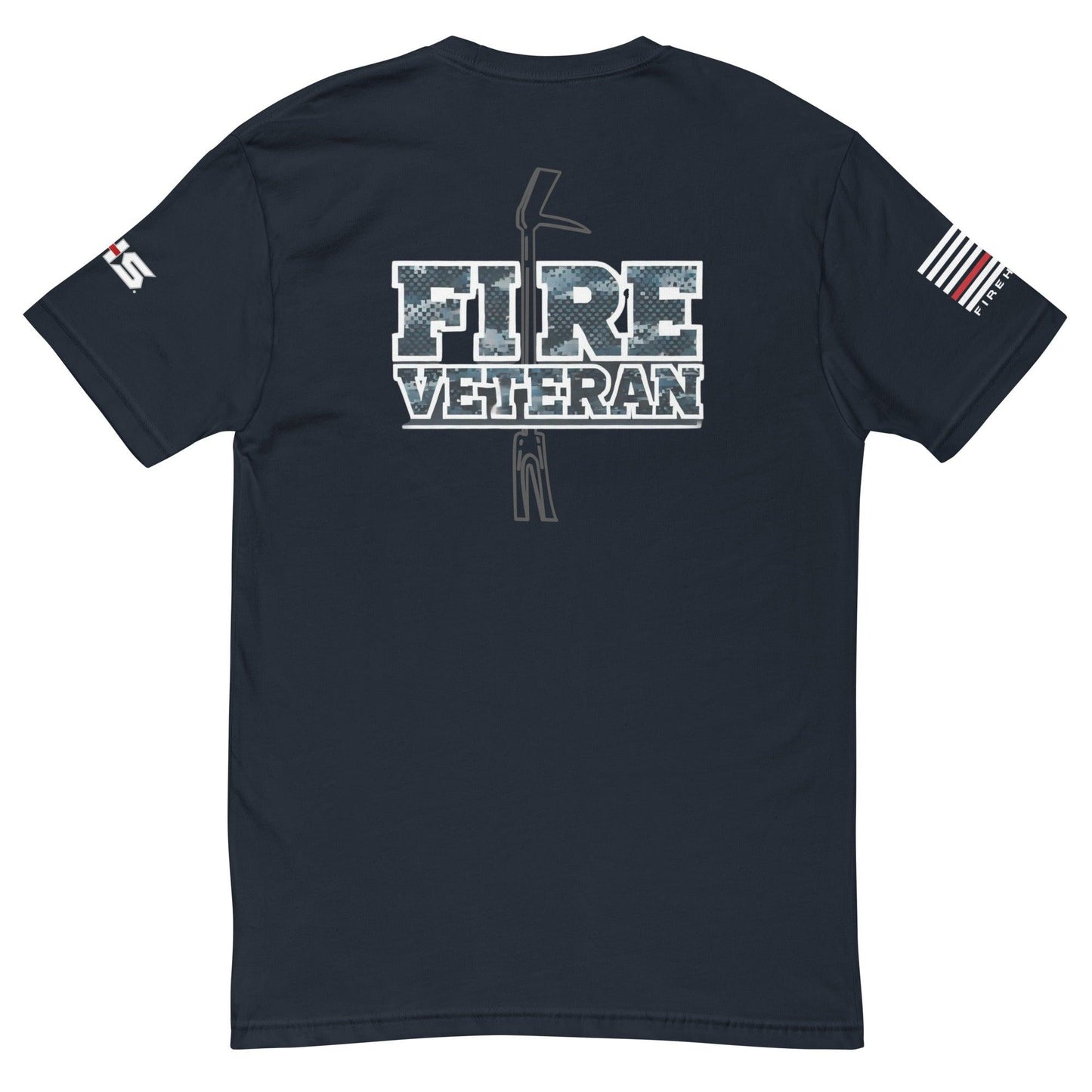 Back view of a Fire Veteran t-shirt featuring bold text and a firefighter axe design, ideal for firefighter apparel and gifts.