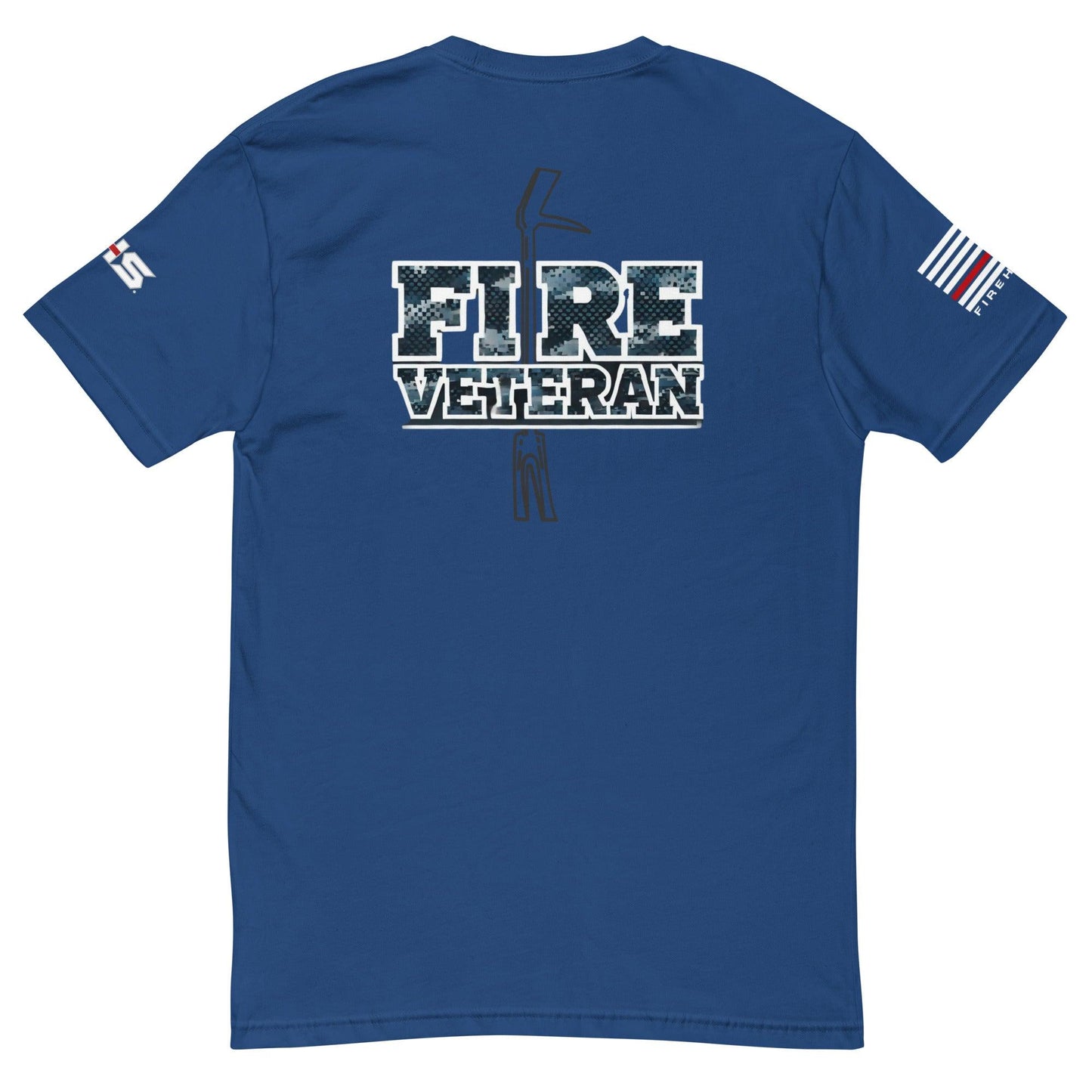 Blue short sleeve t-shirt featuring "FIRE VETERAN" graphic and American flag on sleeve, ideal for firefighter apparel.