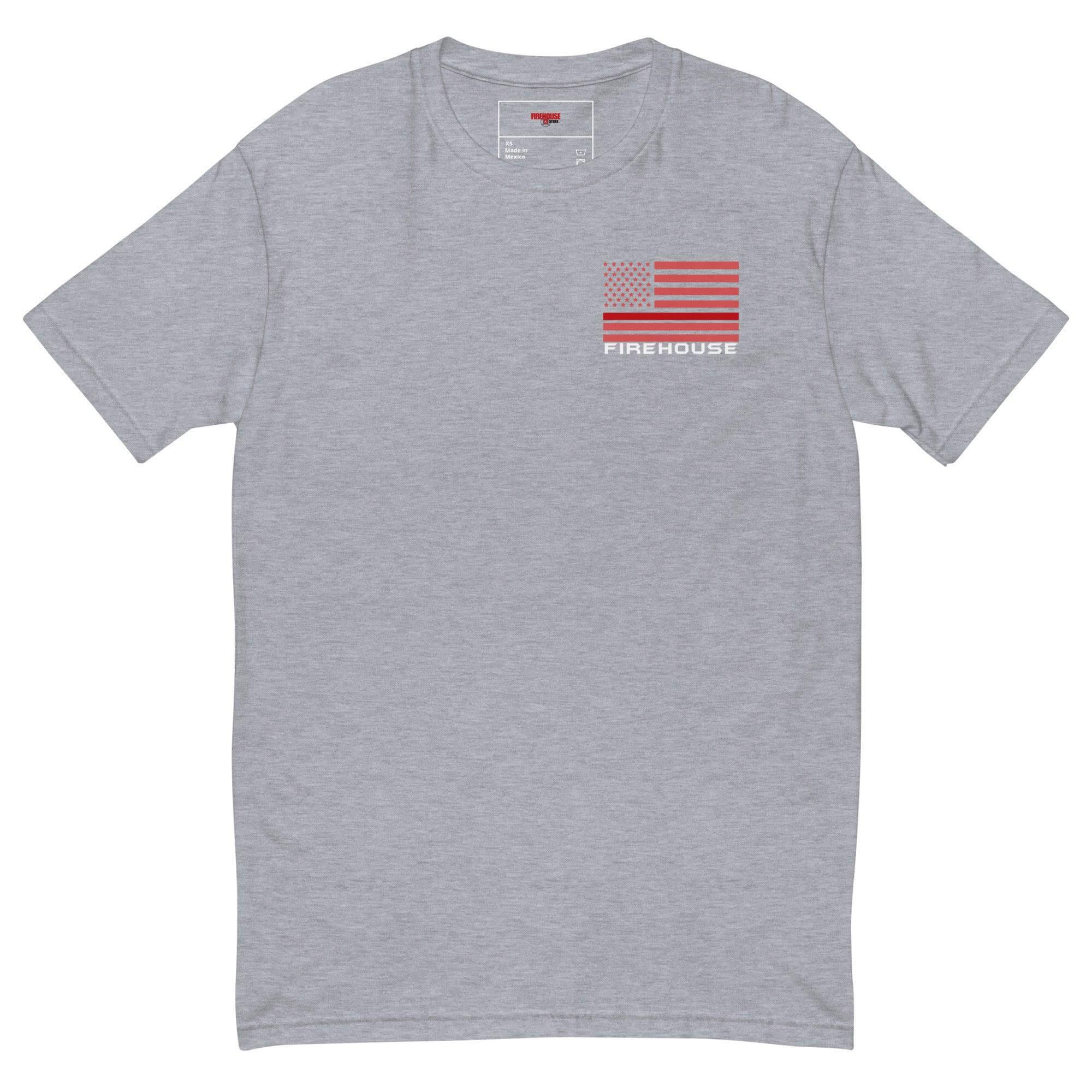 Heather grey short sleeve t-shirt featuring a firehouse graphic and American flag, perfect for firefighters and gifts.