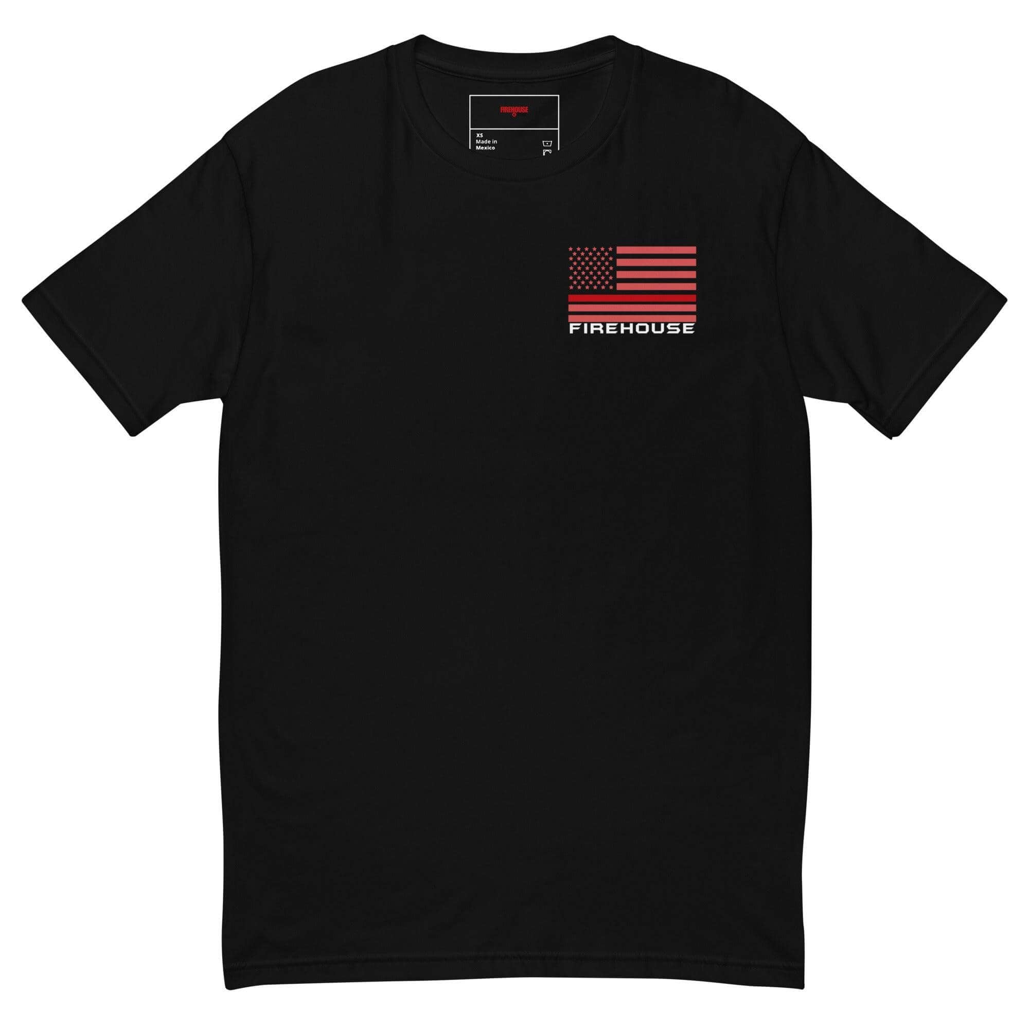 Black short sleeve t-shirt with red and white American flag graphic and 